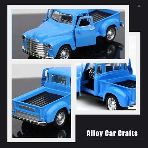Retro Metal Classic Cars Die Cast Old School Pickup Truck Figurine in Blue Vintage Alloy Mini Car Model for Home Decor