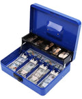 Premium Metal Cash Box With Tray And Killer Combination Lock, Blue Locking Box That Keeps Your Cash Safe, 4 Bill Slots And 5 Coin Slots