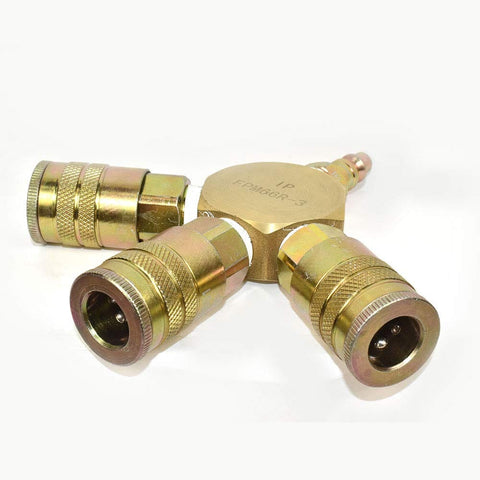 Three Eighths Inch Brass Flat Hex Manifold With Three Steel Industrial Couplers And One Steel Plug Kit For Heavy Duty Pneumatic Systems Pre Assembled Professional Grade Long Life Easy Hookup And Reliable Performance