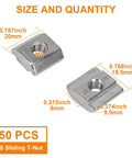 50 Pcs M8 Sliding T Nuts Hammer Head T Nut Fastener Kit For 4040 Aluminum Extrusion Profile showing size and dimensions