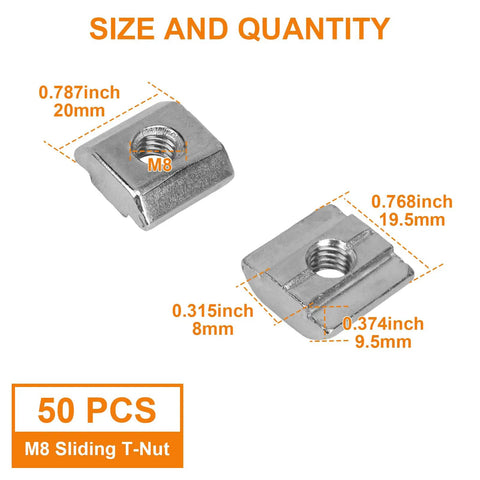 50 Pcs M8 Sliding T Nuts Hammer Head T Nut Fastener Kit For 4040 Aluminum Extrusion Profile showing size and dimensions