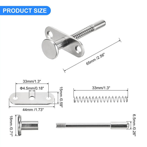 Heavy Duty Steel Plunger Latches 65 X 65 Mm Spring Loaded Cabinet Drawer Locks With Mounting Screws, detailed dimensions.