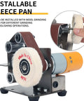 Mini Belt Sander For DIY Projects, Portable Electric Bench Grinder Polisher With 7 Adjustable Table shown with installed wool grinding disc.