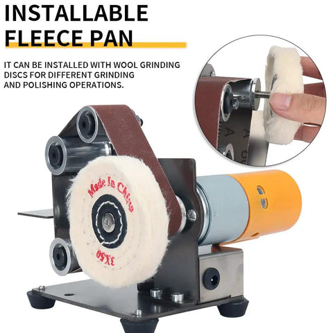 Mini Belt Sander For DIY Projects, Portable Electric Bench Grinder Polisher With 7 Adjustable Table shown with installed wool grinding disc.