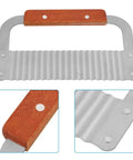 Wavy soap cutter with wooden handle and ribbed stainless steel blade, front view