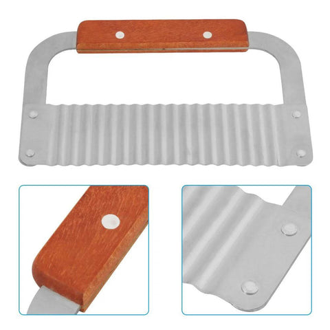 Wavy soap cutter with wooden handle and ribbed stainless steel blade, front view