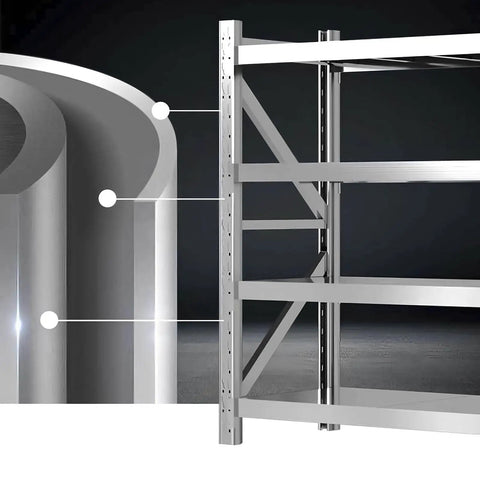 Detailed view of Rock Solid Heavy Duty Garage Shelving Four Tier Commercial Steel Storage Rack with heavy gauge steel construction.