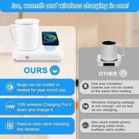 Dual Purpose Desktop Coffee Mug Warmer And Colder With 15W Fast Wireless Charging Pad For Travel Cups and Smooth Daily Grind Beverage Station with mug and phone