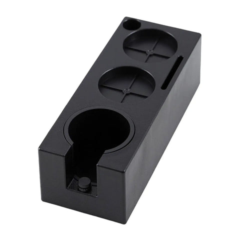 Adjustable Espresso Tamper Base With Dead Simple Leveling And Smart Compartment Storage For 58Mm 53Mm 51Mm Portafilters, black plastic design.