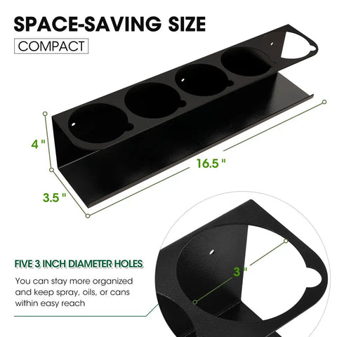 Heavy Duty Wall Mount Aerosol Can Holder Set 2 Pack dimensions showing steel construction, rustproof powder coat, garage organization.