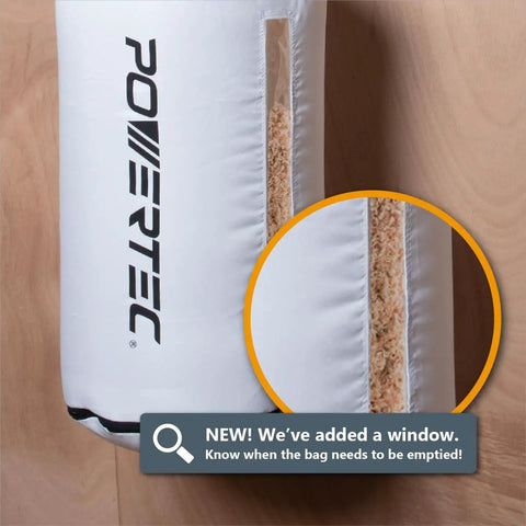 Powertec dust collection bag with window, showing filled sawdust for easy monitoring and emptying of contents.