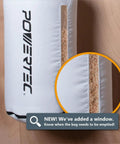 Four Inch ID OD Ninety Degree Elbow And Dust Collector Bag Kit With Thirty Micron Filter And Key Hose Clamp showing a dust bag with a transparent window to check filling.
