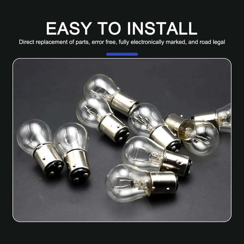Plug N Play 1157 Bay15D P21 5W S25 High And Low Beam Halogen Brake Light bulbs on black background