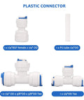 White plastic connector set with blue tabs; 4-piece kit including 1x BSP female to 1/4" OD, 1x PU tube 1/4" OD, and 1x 1/4" OD Tee.