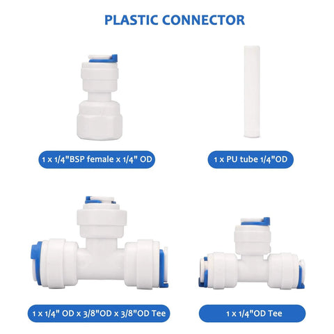 White plastic connector set with blue tabs; 4-piece kit including 1x BSP female to 1/4" OD, 1x PU tube 1/4" OD, and 1x 1/4" OD Tee.