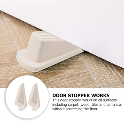 White Door Wedge Stopper Set 5 Pack Rubber Non Skid Wedge Shaped Door Stoppers holding door open on wooden floor