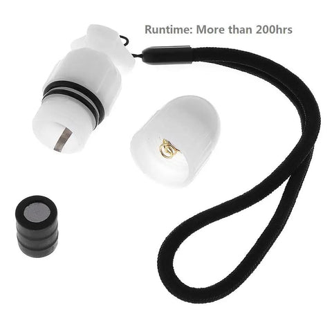 Open Underwater Strobe Signal Light For Night Dives, Scuba Marker LED Safety Lamp, Firefly Beacon, with strap and battery visible.