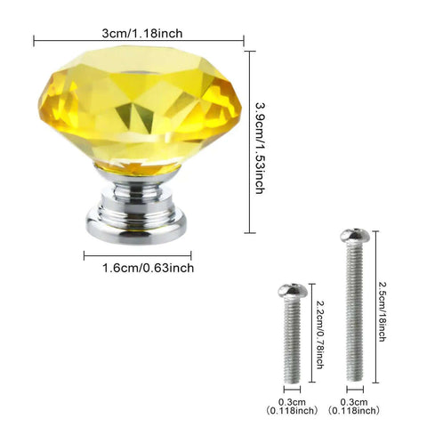 Top Notch Diamond Crystal Glass Cabinet Knobs With Shiny Chrome Base; yellow diamond pull with chrome base, dimensions shown.
