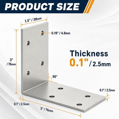 Heavy Duty 3X3 Inch L Brackets Galvanized Steel Corner Braces 90 Degree Angle Iron 12 Gauge Metal Connectors dimensions 3x3 inches with 0.1 inch thickness.