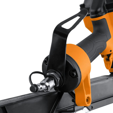 Close-up of the 1/4 inch NPT air connector on the Second Generation Compact Lightweight Pneumatic Framing Nailer With 21 Degree Magazine