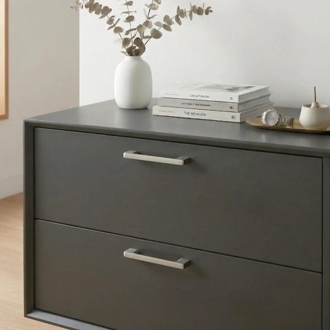 Dark dresser with two 10 Pack Classic Cupboard Cabinet Handles for Kitchen Drawers, Modern Pulls in Brushed Nickel