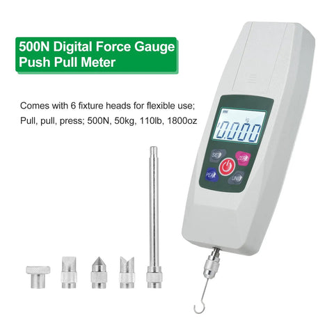 Workhorse Digital Push Pull Force Gauge Portable Dynamometer With Auto Shutdown Real Time And Peak Modes Four Unit Conversion Tension And Pressure Tester Handheld Meter For Diy Lab And Industrial Use, ABS+steel, 500N kit
