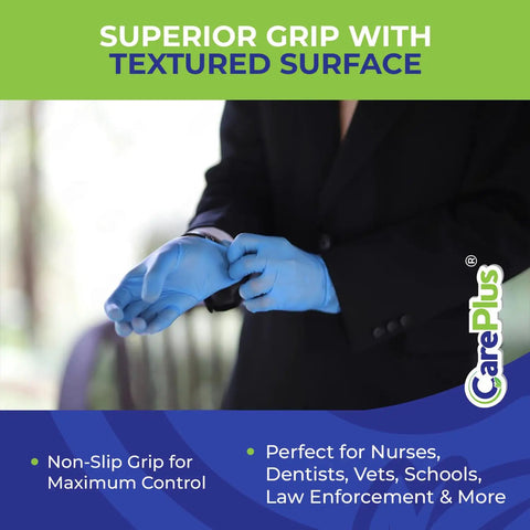 Blue Nitrile Gloves Medium Size 1000 Count Durable Latex Free Powder Free Food Safe For Mechanic Work Healthcare Industrial And Food Handling With Textured Fingertips For Grippy Wet Or Dry Grip, person wearing gloves indoors.