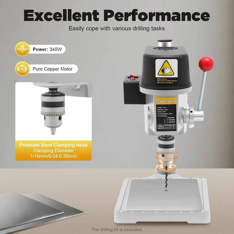 Compact Mini Benchtop Drill Press With Variable Speed Control Up To Sixteen Grand and Quick Change Collar for Power Drills on a workbench.