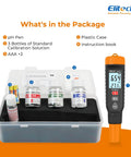 Pro pH Pen Meter with Temperature Sensor, ATC, full calibration kit including solutions, battery, and case shown