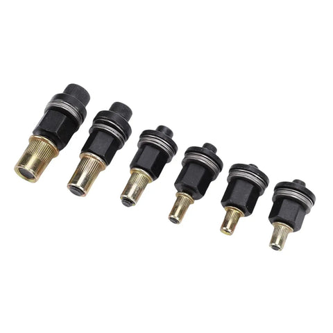 Six Piece Hand Rivet Nut Tool Mandrel Set with 10-24 to 3 8 16 Threaded Inserts for Blind Nuts, Hex Mandrel Kit displayed