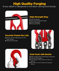 Heavy duty lifting chain with red hooks and gray steel links; dual-leg chain sling.