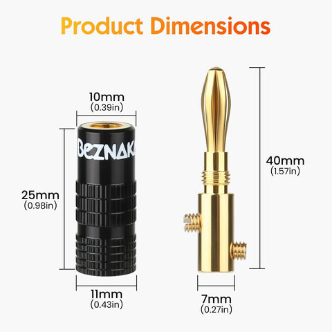 Banana Plugs With Dual Set Screws, Black And Red Aluminum Shell, Gold Plated 4mm Brass Contacts, Secure Connection For Clean, Distortion-Free Audio, High Fidelity Sound, Natural Sonic Accuracy, Six Pairs, 40mm dimensions