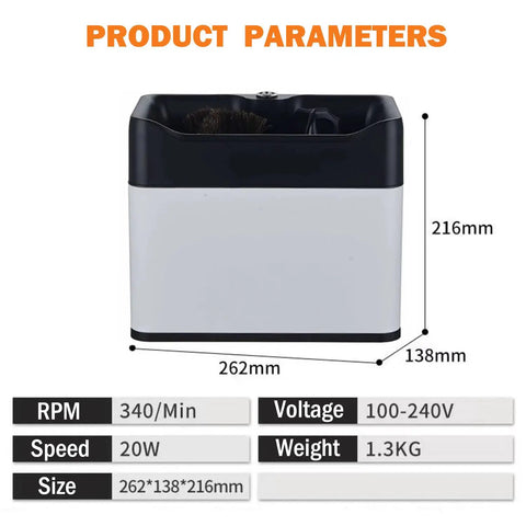 Electric Espresso Knock Box Featuring Automatic Portafilter Scraper For 51mm 58mm Handles with dimensions, white steel design.