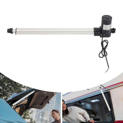 Beefy 6000N IP44 Linear Actuator With Nineteen Point Six Nine Inch Stroke 12V DC 5A shown with usage examples in windows and doors