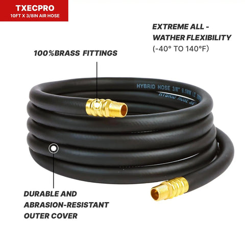 Built Like A Tank Twin Pack Air Compressor Lead Hose 3/8 X 10 Feet with solid brass fittings coiled for flexibility
