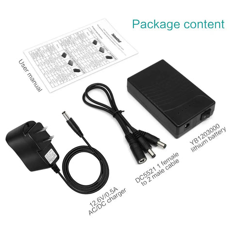 12V Rechargeable 3000mAh Power Bank for LED Strips and Panels, CCTV Cameras, Amplifiers with charger, cable, and manual
