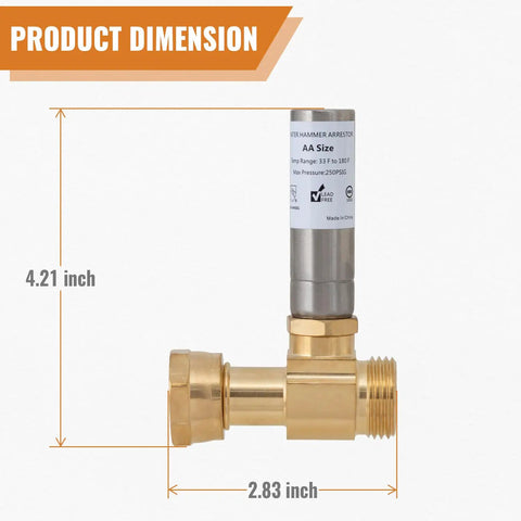 Three Quarter Inch GHT Washer Water Hammer Arrestor Straight Stainless Steel Connector From Three Quarter Inch Male To Three Quarter Inch Female, Includes Sealing Tape for No Hassle Install, Stops Hose Shock and Water Hammer in Washing Machines. Product dimension view, 4.21 x 2.83 inch