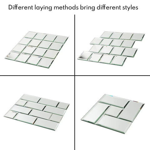 Peel And Stick 4 Inch Beveled Mirror Glass Tiles Silver Crystal Mosaic For Kitchen Backsplash And Bathroom, showing various laying styles