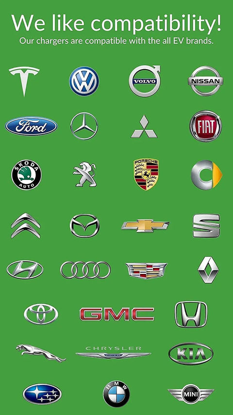 Car brand logos showing compatibility with J1772 Level 2 Portable EVSE Charger 220V 16A With 10 To 15 Meter Cable UK Plug CEE Mennekes.
