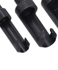 Close-up of Top Shelf 4 Piece Wood Plug Cutter Drill Bit Set With Quarter Inch Hex Shank showing three sizes for cork plugs.