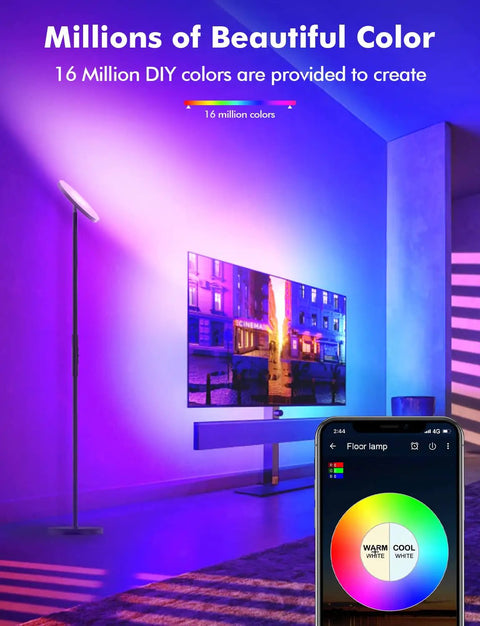 Smart RGB LED Floor Lamp With Alexa Google Home Control, WiFi Remote Dimmable Sky Torchiere illuminating a modern living room