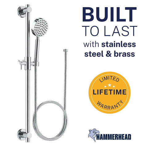 Solid Metal 27.5 Inch Shower Slide Bar Set With Handheld Shower Head And Hose Chrome Finish 2.5 GPM High Pressure Spray Wand
