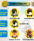 Compatibility chart for Five Pack Replacement Shop Vac Filter Bags 25 1238 For Stanley And Porter Cable 4 Gallon Wet Dry Vacuums