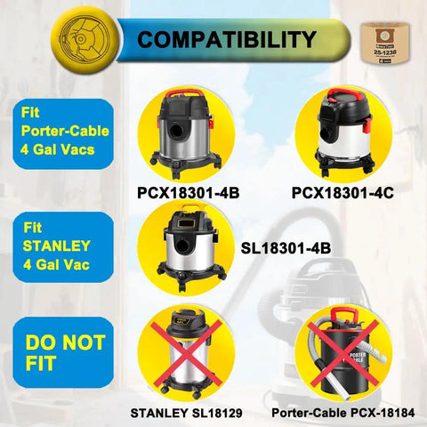 Compatibility chart for Five Pack Replacement Shop Vac Filter Bags 25 1238 For Stanley And Porter Cable 4 Gallon Wet Dry Vacuums