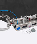 Horizontal Pneumatic Liquid Filling Machine Stainless Steel Single Head Bottle Filler with blue air hose and control pedal.
