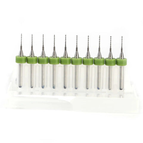 Carbide Micro PCB Drill Bit Set For Circuit Board Repair And Rework, Ten Piece Kit with green grips in plastic case