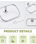 Slick Premium Chrome Square Hand Towel Ring For Bathroom Sink Wall Mounted showcasing stainless steel, solid bracket, and installation accessories.