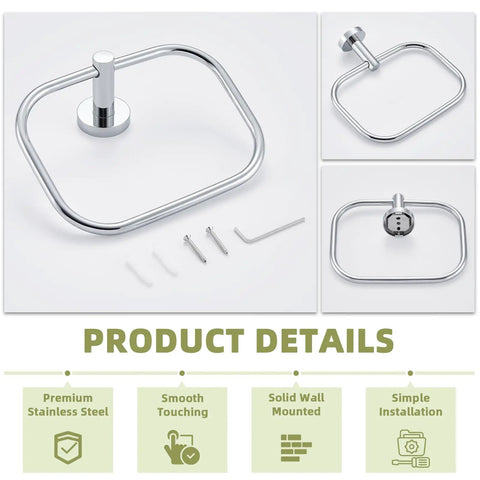 Slick Premium Chrome Square Hand Towel Ring For Bathroom Sink Wall Mounted showcasing stainless steel, solid bracket, and installation accessories.