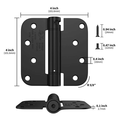Black 4 Inch Self Closing Door Hinges, Five Eighths Inch Radius Corners, Heavy Duty Spring Hinge, Adjustable Closing, 2 Pack