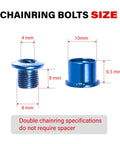 Blue Steel Double Chainring Bolts And Nut Set M8x6.5mm For Shimano Sram Mountain Bike Road BMX Bikes Built Tough Durable Steel Alloy Hardware For Secure No Slip Chainring Install with size measurements.